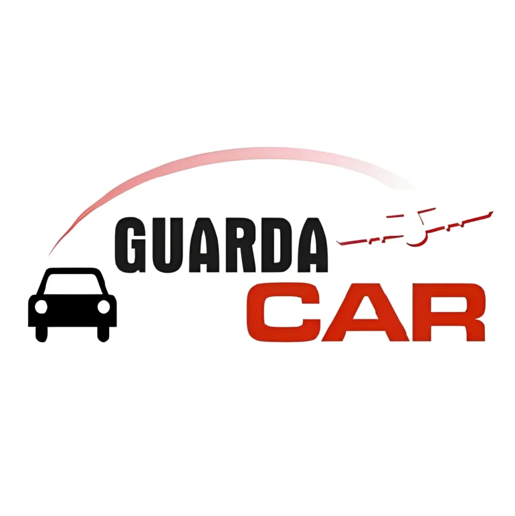Logotipo de Guardacar con íconos de auto y avión, empresa de estacionamiento junto al Aeropuerto de Guadalajara.